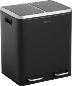 Homra BLINQ Afvalscheiding Prullenbak Met 2 Vakken - 2 X 15 L Inhoud - Duo Pedaalemmer Zwart - Afvalemmer 30 Liter - Recycle Afvalbak - Zwarte Afvalscheidingsprullenbak - Hygiënisch Afval Scheiden - Keuken Vuilbak - Kantoor