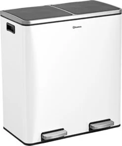 Afvalscheidingsprullenbak 2 Vakken Wit – 60 L (2x30 Liter) Pedaalemmer Homra QUICKX – Design Duo Afvalemmer RVS - Afval Scheiden - Recycle Afvalbak - Hygiënisch Pedaal - Dubbele Vuilnisbak - Keuken Vuilbak - Kantoor Prullenbak