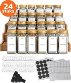 24 Glazen Kruidenpotjes Vierkant Met Deksel - Kruidenstrooier - Voorraadpotten - Keuken Organizer - Complete Set Met Strooideksels, Voorbedrukte & Blanco Stickers, Trechter En Stift - Inhoud 120 Ml - Goud
