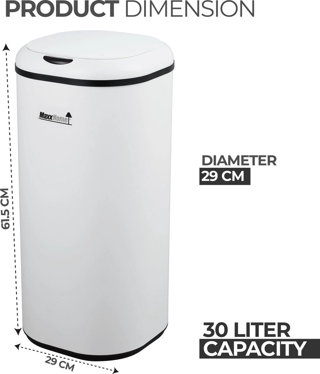 MaxxHome Prullenbak Met Sensor - 30L - Soft Close Deksel - RVS - Design Afvalemmer - Hygiënisch - Vingerafdruk Bestendig - Vuilnisbak Met Elektrische Deksel - Sensor Prullenbak - 30 Liter Vuilbak - 29 X 29 X 61,5 8 MaxxHome Prullenbak Met Sensor - 30L - Soft Close Deksel - RVS - Design Afvalemmer - Hygiënisch - Vingerafdruk Bestendig - Vuilnisbak Met Elektrische Deksel - Sensor Prullenbak - 30 Liter Vuilbak - 29 X 29 X 61,5 - Afbeelding 8