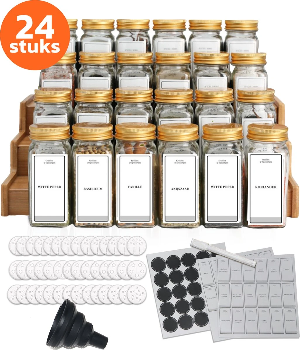 24 Glazen Kruidenpotjes Vierkant Met Deksel - Kruidenstrooier - Voorraadpotten - Keuken Organizer - Complete Set Met Strooideksels, Voorbedrukte & Blanco Stickers, Trechter En Stift - Inhoud 120 Ml - Goud 1 24 Glazen Kruidenpotjes Vierkant Met Deksel - Kruidenstrooier - Voorraadpotten - Keuken Organizer - Complete Set Met Strooideksels, Voorbedrukte & Blanco Stickers, Trechter En Stift - Inhoud 120 Ml - Goud