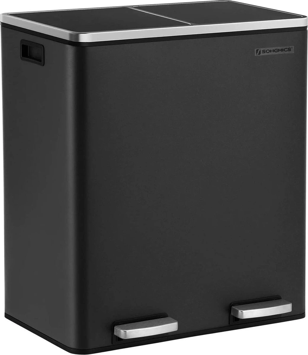 SONGMICS Dubbele Rubbish Bin, 2 X 30L Vuilnisbak, Metalen Trappenbak, Met Dubbele Vakken, Kunststof Binnenemmers En Scharnierende Deksels, Handgrepen, Zachte Sluiting, Luchtdicht, Zwart 1 SONGMICS Dubbele Rubbish Bin, 2 X 30L Vuilnisbak, Metalen Trappenbak, Met Dubbele Vakken, Kunststof Binnenemmers En Scharnierende Deksels, Handgrepen, Zachte Sluiting, Luchtdicht, Zwart