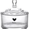 Clayre & Eef Voorraadpot Ø 9x9 Cm Transparant Glas Rond Hart Love Voorraadbus Bewaarpot Opbergpot