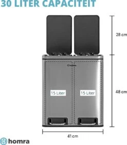 Homra BLINQ Afvalscheiding Prullenbak Met 2 Vakken - 2 X 15 L Vuilnisbak - RVS Duo Pedaalemmer - 2-vaks Afvalemmer 30 Liter - Hygiënisch Afval Scheiden - Keuken Vuilbak - Pedaal Afvalbak - Soft Close Deksel - Recycle Afvalbak -Thuis Opslag Winkel 1052x1200