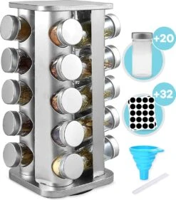 LuZana® Draaibaar Kruidenrek -RVS- Staand Met Potjes - 20 Kruidenpotjes Met Strooideksel – Incl. Labels, Krijtstift En Trechter