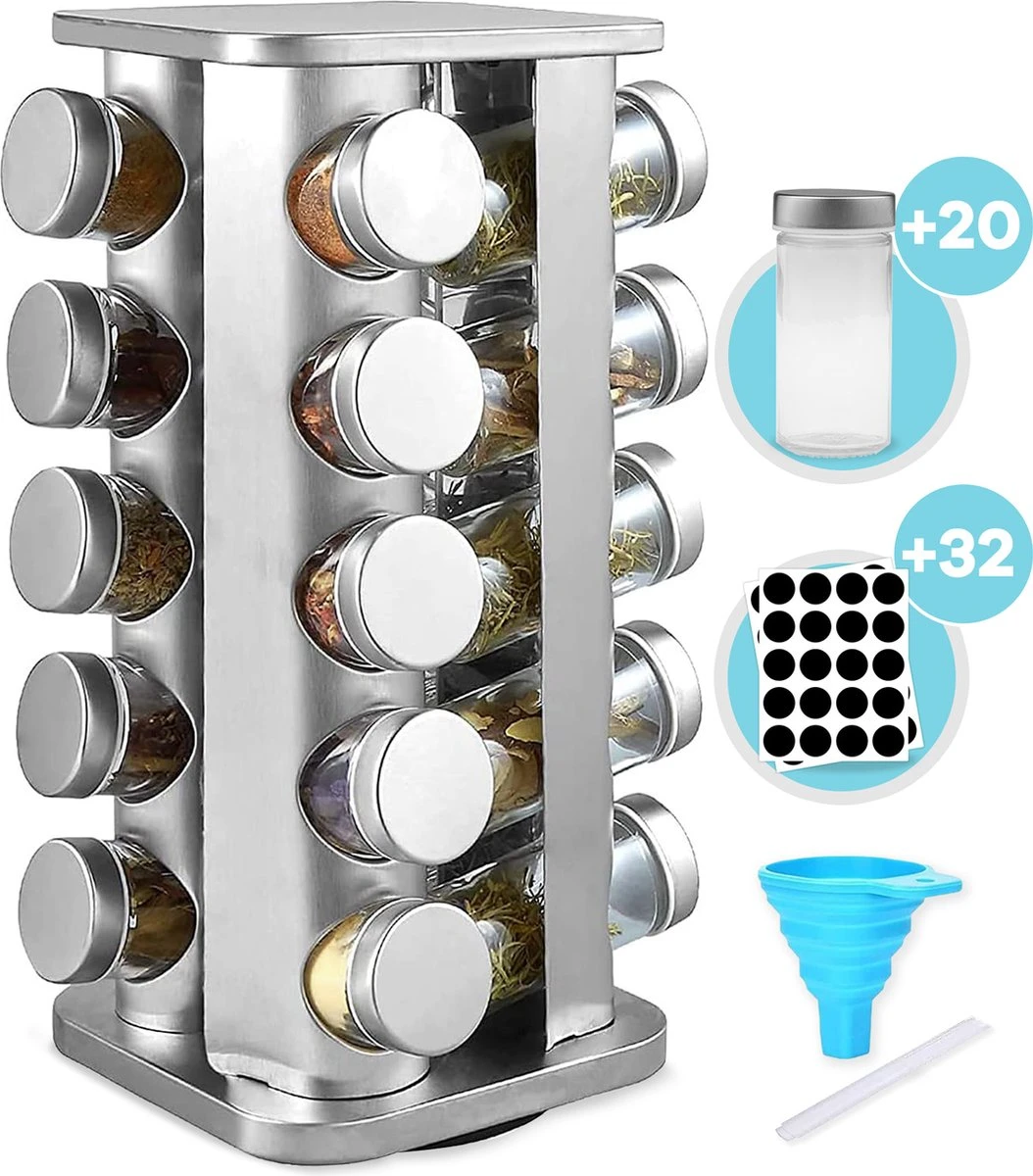LuZana® Draaibaar Kruidenrek -RVS- Staand Met Potjes - 20 Kruidenpotjes Met Strooideksel – Incl. Labels, Krijtstift En Trechter 1 LuZana® Draaibaar Kruidenrek -RVS- Staand Met Potjes - 20 Kruidenpotjes Met Strooideksel – Incl. Labels, Krijtstift En Trechter