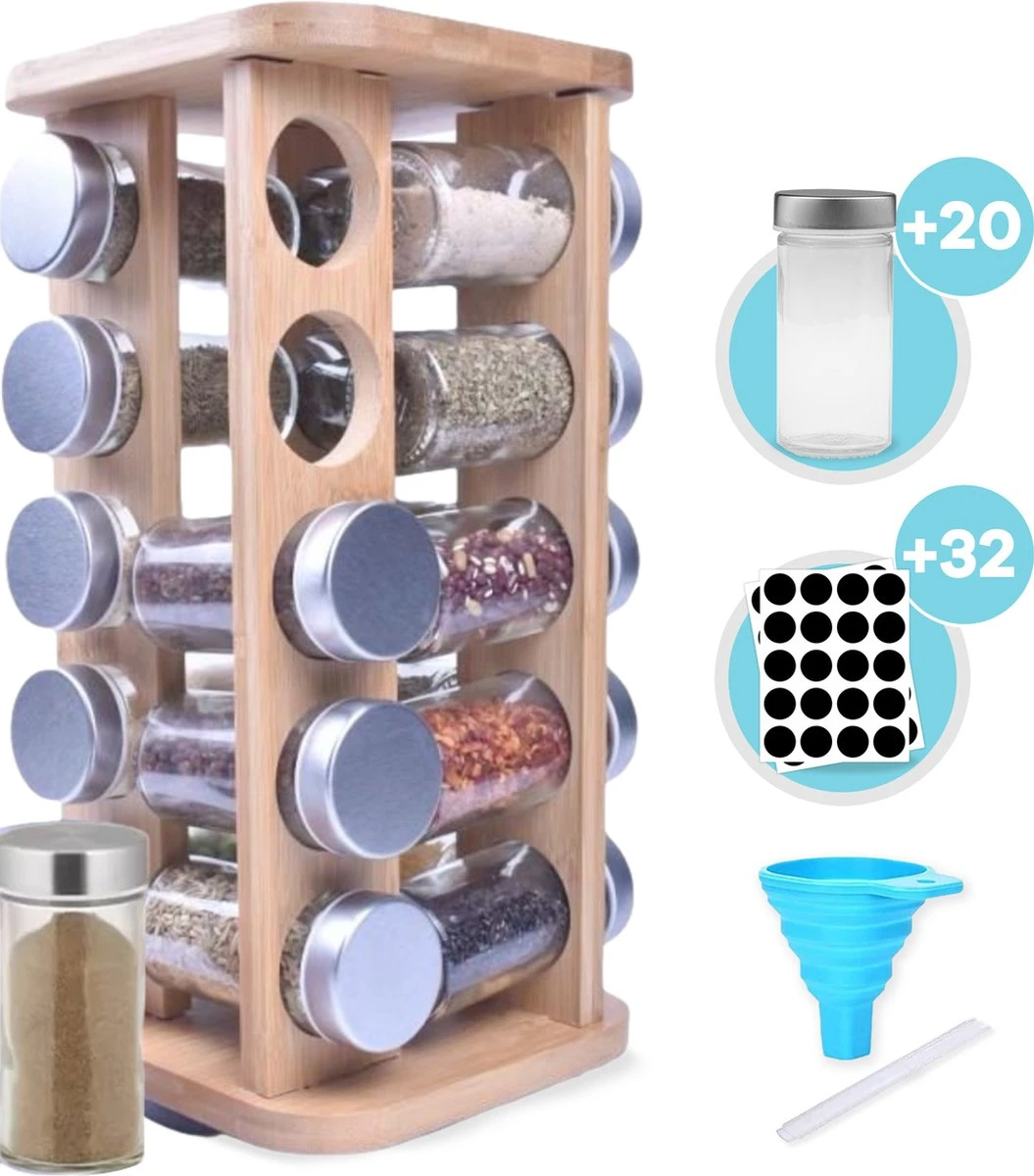 LuZana® Draaibaar Kruidenrek Staand Met Potjes - Bamboe- 20 Kruidenpotjes Met Strooideksel – Incl. Labels, Krijtstift En Trechter 1 LuZana® Draaibaar Kruidenrek Staand Met Potjes - Bamboe- 20 Kruidenpotjes Met Strooideksel – Incl. Labels, Krijtstift En Trechter