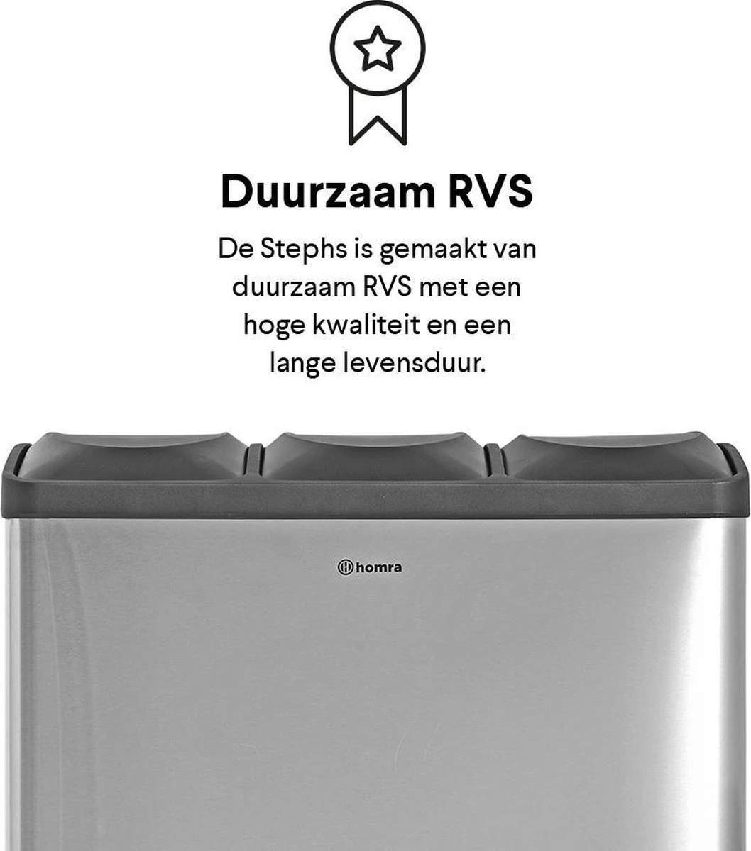 Homra STEPHS Afvalscheiding Prullenbak Met 3 Vakken - 3 X 20L Inhoud - Trio Pedaalemmer - 60 Liter - Vingerafdrukvrij - Vuilafstotend - Anti-slip - Hoogwaardig RVS - Duurzaam ABS Kunststof - RVS - Hygiënisch Recyclen - Afvalscheidingsprullenbak 14 Homra STEPHS Afvalscheiding Prullenbak Met 3 Vakken - 3 X 20L Inhoud - Trio Pedaalemmer - 60 Liter - Vingerafdrukvrij - Vuilafstotend - Anti-slip - Hoogwaardig RVS - Duurzaam ABS Kunststof - RVS - Hygiënisch Recyclen - Afvalscheidingsprullenbak - Afbeelding 14