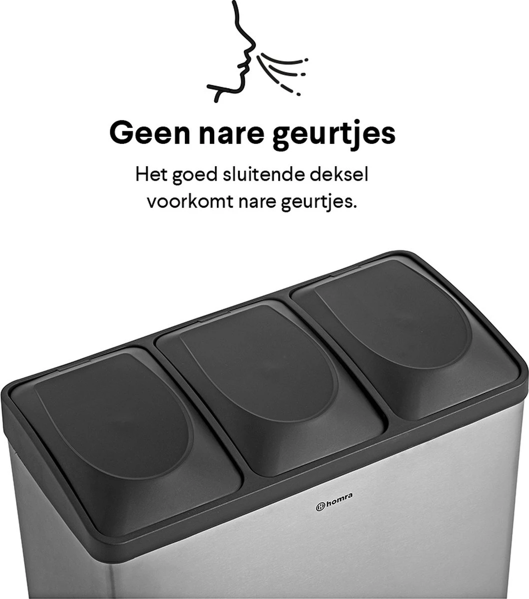Homra STEPHS Afvalscheiding Prullenbak Met 3 Vakken - 3 X 20L Inhoud - Trio Pedaalemmer - 60 Liter - Vingerafdrukvrij - Vuilafstotend - Anti-slip - Hoogwaardig RVS - Duurzaam ABS Kunststof - RVS - Hygiënisch Recyclen - Afvalscheidingsprullenbak 9 Homra STEPHS Afvalscheiding Prullenbak Met 3 Vakken - 3 X 20L Inhoud - Trio Pedaalemmer - 60 Liter - Vingerafdrukvrij - Vuilafstotend - Anti-slip - Hoogwaardig RVS - Duurzaam ABS Kunststof - RVS - Hygiënisch Recyclen - Afvalscheidingsprullenbak - Afbeelding 9
