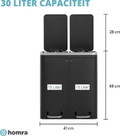 Homra BLINQ Afvalscheiding Prullenbak Met 2 Vakken - 2 X 15 L Inhoud - Duo Pedaalemmer Zwart - Afvalemmer 30 Liter - Recycle Afvalbak - Zwarte Afvalscheidingsprullenbak - Hygiënisch Afval Scheiden - Keuken Vuilbak - Kantoor -Thuis Opslag Winkel 1060x1200 2
