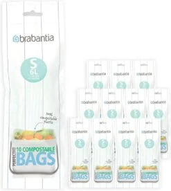 Brabantia PerfectFit Composteerbare Vuilniszakken - 6 L - Code S - 12 Rollen X 10 Stuks