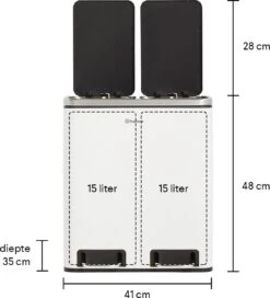 Homra BLINQ Afvalscheiding Prullenbak Met 2 Vakken - 2 X 15 L Inhoud - Duo Pedaalemmer Wit - Afvalemmer 30 Liter - Recycle Afvalbak - Witte Afvalscheidingsprullenbak - Hygiënisch Afval Scheiden - Keuken Vuilbak - Kantoor -Thuis Opslag Winkel 1090x1200 1