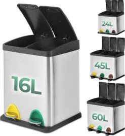 Jago - Vuilnisemmer 16 Liter Met 2 Vakken Van 8 Liter Met Binnenemmers - Prullenbak Voor Afvalscheiding - Pedaalemmer - Prullenbak - RVS