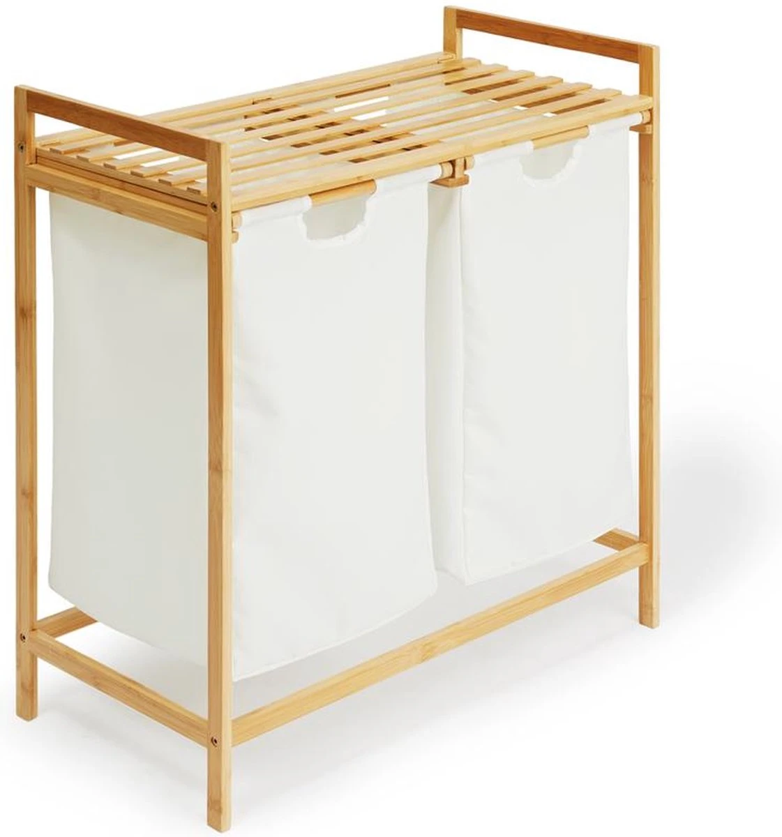 Bamboe Rek Met Wasmanden - 30L - Wassorteerder - 2 Vakken - Hout - Dubbele Wasmand 1 Bamboe Rek Met Wasmanden - 30L - Wassorteerder - 2 Vakken - Hout - Dubbele Wasmand