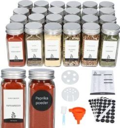 25 Glazen Kruidenpotjes Met Strooideksel - Vierkante Kruidenstrooier - Complete Set Met Stickers, Trechter En Stift