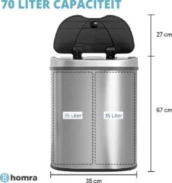 Afvalscheiding Sensor Prullenbak RVS 70 Liter - 2 Vakken - 2x35L - Zilver - Recycle Afvalemmer Homra QUBIX - Automatische Softclose Deksel - Hygiënische Design Vuilnisbak - Sensorbediening - Vingerafdrukvrij - Vuilafstotend - Keuken & Kantoor Vuilbak -Thuis Opslag Winkel 1123x1200 3