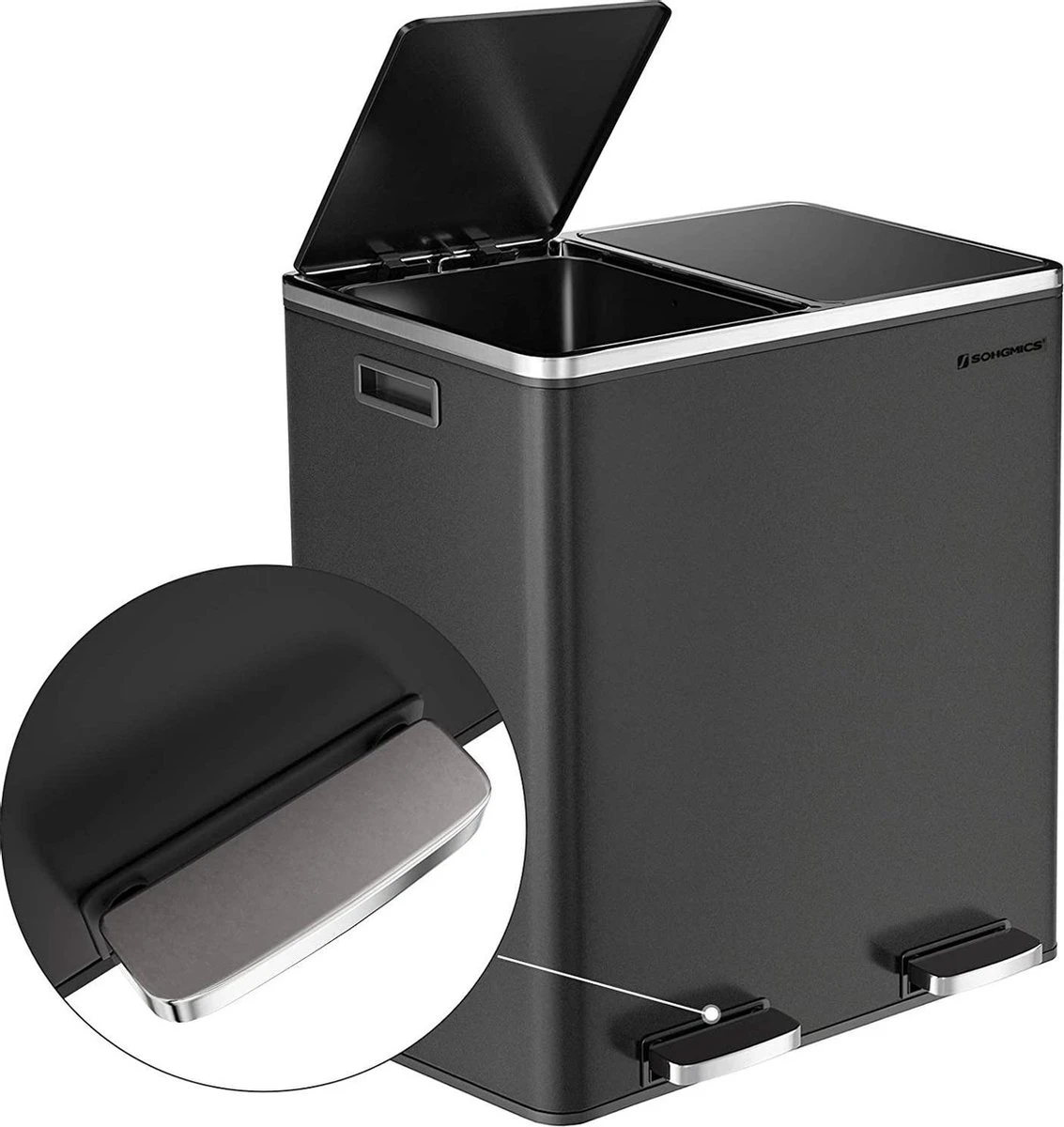 SONGMICS Dubbele Rubbish Bin, 2 X 30L Vuilnisbak, Metalen Trappenbak, Met Dubbele Vakken, Kunststof Binnenemmers En Scharnierende Deksels, Handgrepen, Zachte Sluiting, Luchtdicht, Zwart 4 SONGMICS Dubbele Rubbish Bin, 2 X 30L Vuilnisbak, Metalen Trappenbak, Met Dubbele Vakken, Kunststof Binnenemmers En Scharnierende Deksels, Handgrepen, Zachte Sluiting, Luchtdicht, Zwart - Afbeelding 4