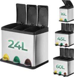 Jago - Afvalbak - 24 Liter Met 3 Vakken Voor In De Keuken - RVS Met Binnenemmer - Handvat - Deksel - Afvalscheidingssysteem - Pedaalemmer (24 Liter (3 X 8L) - Prullenbak - Vuilnisbak - Vuilnisemmer