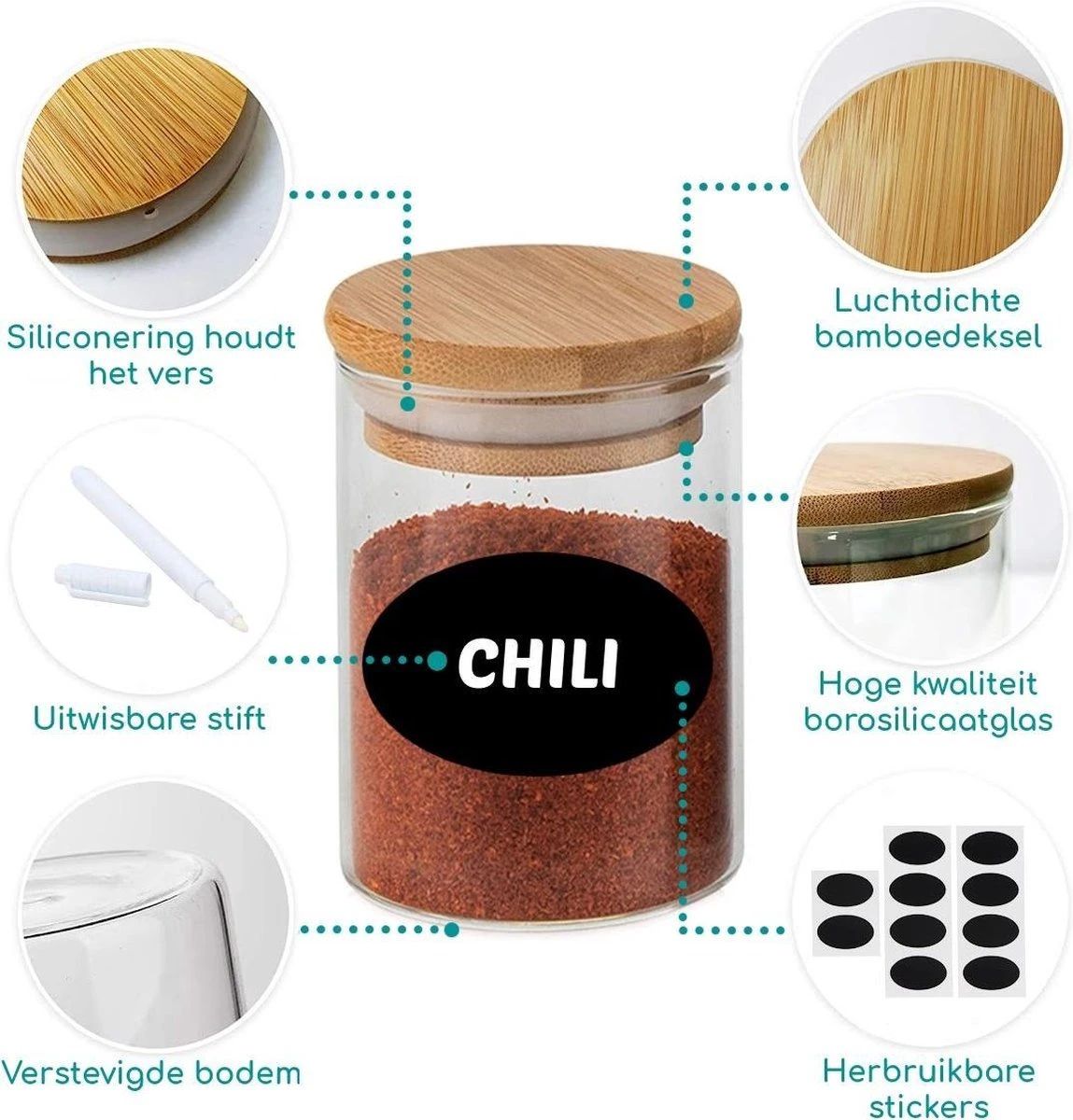 Quality Needz - Kruidenpotjes - 250 ML - Glazen Potjes Met Deksel - 10 Delige Set - BPA-vrij - Gratis Pen & Herschrijfbare Stickers 6 Quality Needz - Kruidenpotjes - 250 ML - Glazen Potjes Met Deksel - 10 Delige Set - BPA-vrij - Gratis Pen & Herschrijfbare Stickers - Afbeelding 6