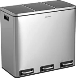 Homra SPARQ Afvalscheiding Prullenbak Met 3 Vakken - 3 X 18 L Inhoud - 54 Liter - RVS - Trio Pedaalemmer - 3-vaks Recycle Afvalemmer - Hygiënisch Afval Scheiden - Vuilbak Zilver - Kantoor Prullenbak - Pedaal Emmer - Afvalscheidingsprullenbak