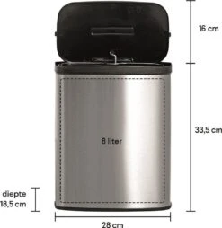 Prullenbak Met Sensor - 8 Liter - RVS - Toilet Afvalemmer - Badkamer Afvalbak Homra IXXA - Vuilnisbak - 8L - Vingerafdrukvrij RVS - Hygiënisch - Automatische Softclose Deksel - Automatische Deksel - Sensor Vuilbak -Thuis Opslag Winkel 1167x1200 3
