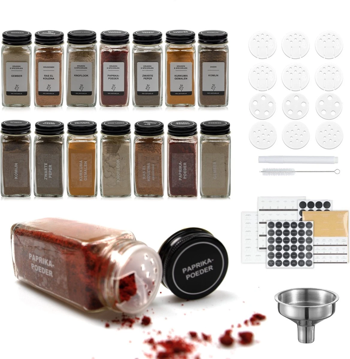 24 Glazen Kruidenpotjes Set Met 3 Soorten Strooideksels – Kruidenstrooier – Compleet Pakket Incl Kruidenpotjes Stickers, Krijtstift En Accessoires - Zwart 1 24 Glazen Kruidenpotjes Set Met 3 Soorten Strooideksels – Kruidenstrooier – Compleet Pakket Incl Kruidenpotjes Stickers, Krijtstift En Accessoires - Zwart