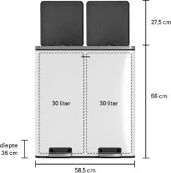 Afvalscheidingsprullenbak 2 Vakken Wit – 60 L (2x30 Liter) Pedaalemmer Homra QUICKX – Design Duo Afvalemmer RVS - Afval Scheiden - Recycle Afvalbak - Hygiënisch Pedaal - Dubbele Vuilnisbak - Keuken Vuilbak - Kantoor Prullenbak -Thuis Opslag Winkel 1184x1200 3