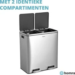 Afvalscheidingsprullenbak 2 Vakken – 60 L (2x30 Liter) Pedaalemmer Homra QUICKX – Design Duo Afvalemmer RVS - Afval Scheiden - Recycle Afvalbak - Hygiënisch Pedaal - Dubbele Vuilnisbak - Keuken Vuilbak - Kantoor Prullenbak -Thuis Opslag Winkel 1191x1200 7