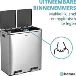 Afvalscheidingsprullenbak 2 Vakken – 60 L (2x30 Liter) Pedaalemmer Homra QUICKX – Design Duo Afvalemmer RVS - Afval Scheiden - Recycle Afvalbak - Hygiënisch Pedaal - Dubbele Vuilnisbak - Keuken Vuilbak - Kantoor Prullenbak -Thuis Opslag Winkel 1195x1200 6