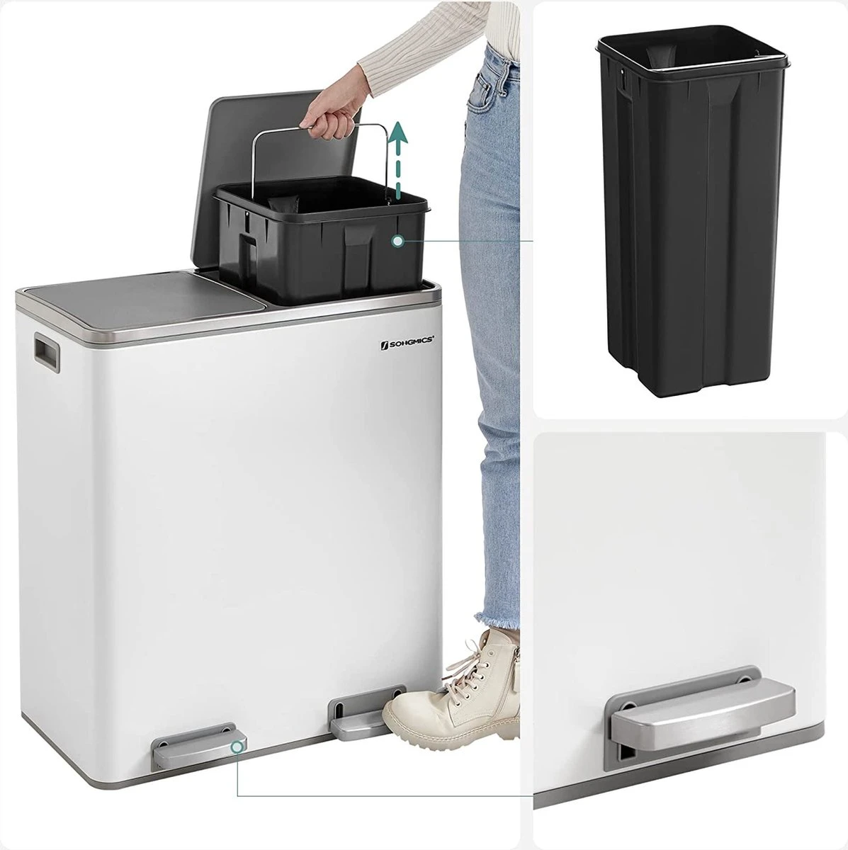 Songmics - Prullenbak - 60 Liter Inhoud (2x30) - Met 2 Gescheiden Bakken - RVS - Wit 7 Songmics - Prullenbak - 60 Liter Inhoud (2x30) - Met 2 Gescheiden Bakken - RVS - Wit - Afbeelding 7
