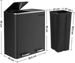 Songmics - Prullenbak - 60 Liter Inhoud (2x30) - Met 2 Gescheiden Bakken - RVS - Zwart -Thuis Opslag Winkel 1200x1007 2