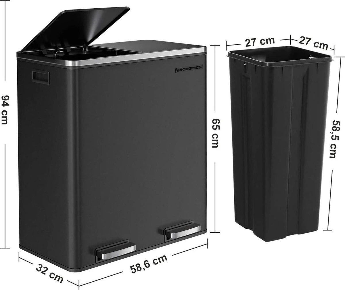 SONGMICS Dubbele Rubbish Bin, 2 X 30L Vuilnisbak, Metalen Trappenbak, Met Dubbele Vakken, Kunststof Binnenemmers En Scharnierende Deksels, Handgrepen, Zachte Sluiting, Luchtdicht, Zwart 2 SONGMICS Dubbele Rubbish Bin, 2 X 30L Vuilnisbak, Metalen Trappenbak, Met Dubbele Vakken, Kunststof Binnenemmers En Scharnierende Deksels, Handgrepen, Zachte Sluiting, Luchtdicht, Zwart - Afbeelding 2