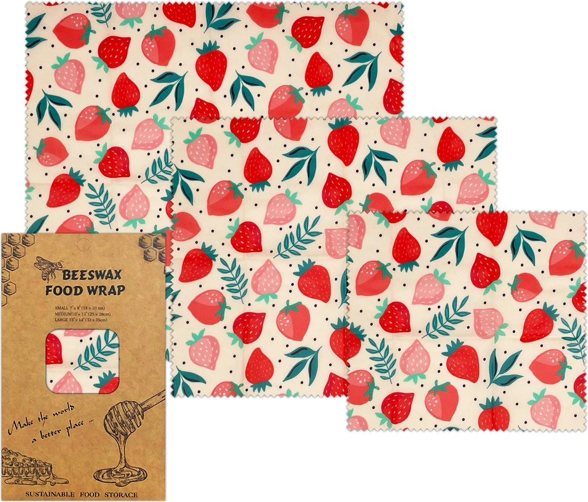 Bijenwas Wraps (Bijenwas Doek) - "rode Aardbei" Set Van 3 - 1S, 1M, 1L - Beeswax Wraps - Herbruikbaar Boterhamzakje - Bee Wrap - Beewax - Bijenwasdoek - Zero Waste - Duurzaam Cadeau 2 Bijenwas Wraps (Bijenwas Doek) - "rode Aardbei" Set Van 3 - 1S, 1M, 1L - Beeswax Wraps - Herbruikbaar Boterhamzakje - Bee Wrap - Beewax - Bijenwasdoek - Zero Waste - Duurzaam Cadeau - Afbeelding 2