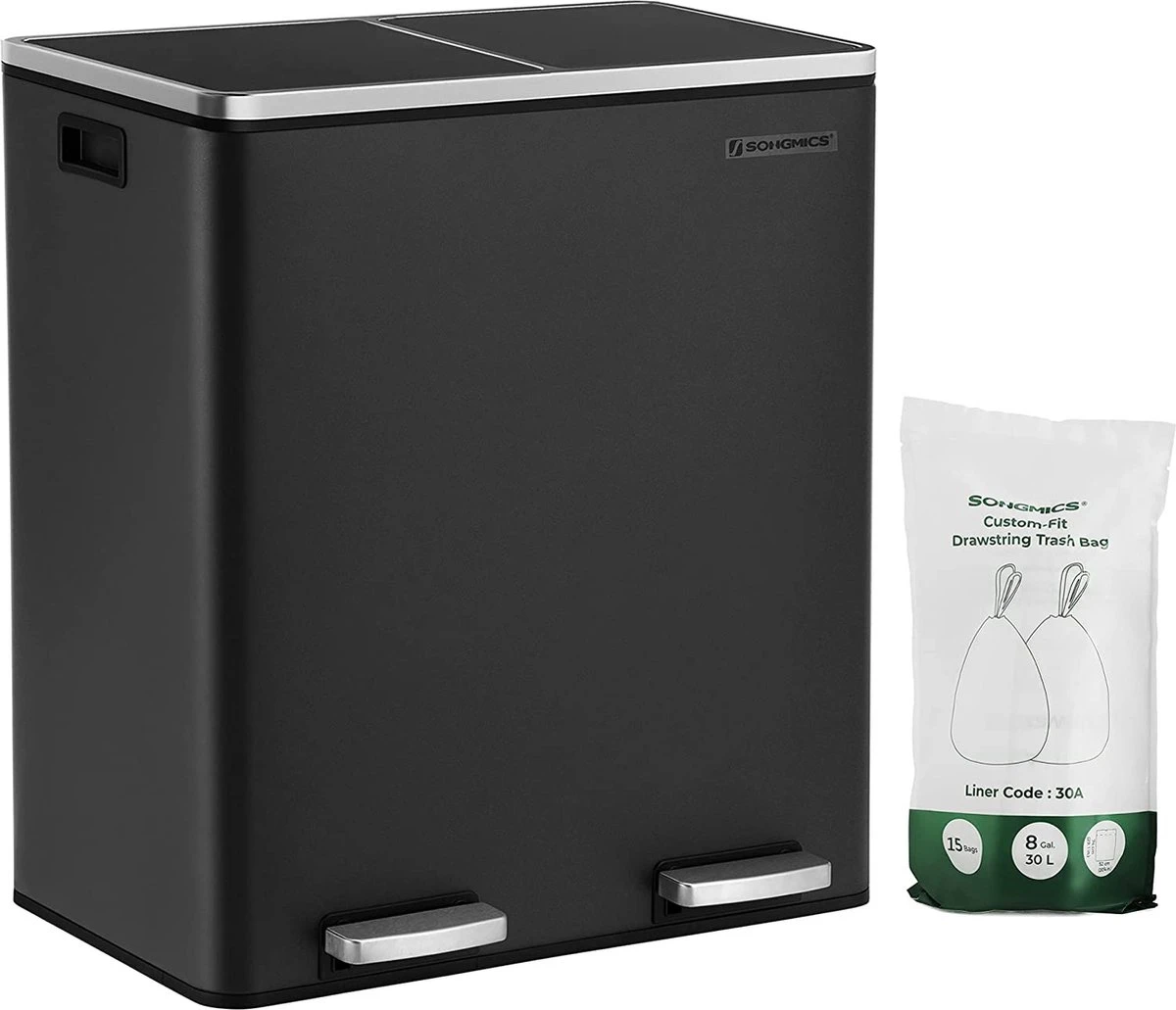 Soph & Tess Prullenbak Afvalscheiding - Vuilnisbak 60L (2x 30L) - Pedaalemmer - 59 X 65 X 32 Cm - Zwart 2 Soph & Tess Prullenbak Afvalscheiding - Vuilnisbak 60L (2x 30L) - Pedaalemmer - 59 X 65 X 32 Cm - Zwart - Afbeelding 2