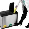 Songmics Metalen Trio Prullenbak - 3x 15 L Vakken Afval Scheiden - Afvalscheiding Pedaalemmer - Keuken Trash Can - 45 Liter