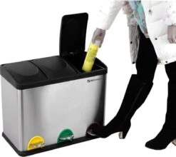 Songmics Metalen Trio Prullenbak - 3x 15 L Vakken Afval Scheiden - Afvalscheiding Pedaalemmer - Keuken Trash Can - 45 Liter