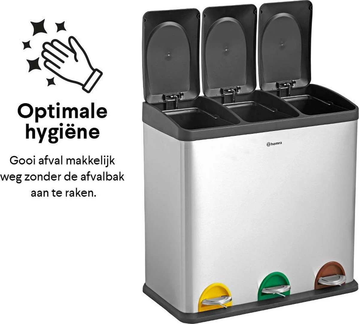 Homra STEPHS Afvalscheiding Prullenbak Met 3 Vakken - 3 X 20L Inhoud - Trio Pedaalemmer - 60 Liter - Vingerafdrukvrij - Vuilafstotend - Anti-slip - Hoogwaardig RVS - Duurzaam ABS Kunststof - RVS - Hygiënisch Recyclen - Afvalscheidingsprullenbak 8 Homra STEPHS Afvalscheiding Prullenbak Met 3 Vakken - 3 X 20L Inhoud - Trio Pedaalemmer - 60 Liter - Vingerafdrukvrij - Vuilafstotend - Anti-slip - Hoogwaardig RVS - Duurzaam ABS Kunststof - RVS - Hygiënisch Recyclen - Afvalscheidingsprullenbak - Afbeelding 8