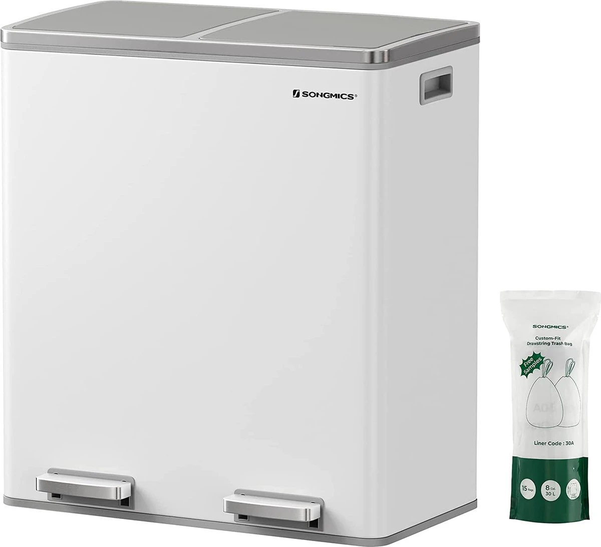 Songmics - Prullenbak - 60 Liter Inhoud (2x30) - Met 2 Gescheiden Bakken - RVS - Wit 1 Songmics - Prullenbak - 60 Liter Inhoud (2x30) - Met 2 Gescheiden Bakken - RVS - Wit