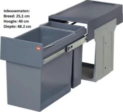 Hailo Tandem De Luxe - Inbouw Prullenbak - 31 Liter Inhoud - 25 X 40 X 49 Cm - Met 2 Compartimenten - Grijs