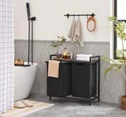 C90 - SISO-CO Wasmand, Wassorteerder Met Plank En Uittrekbare Zakken, Wasorganizer, Metalen Frame, 2 Oxford-stoffen Afneembare Zakken, Rustieke Bruin En Zwart BLH201B01