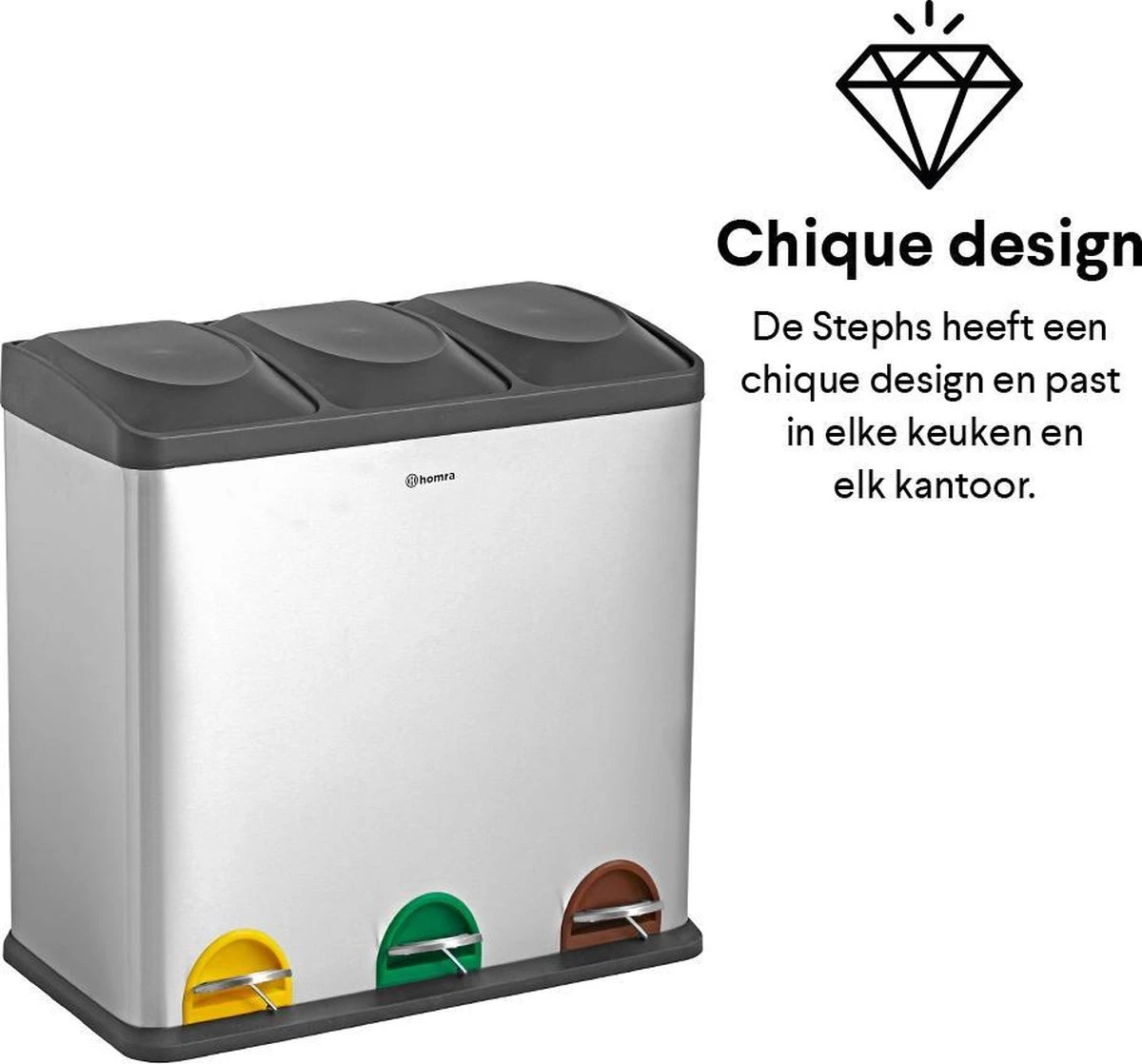 Homra STEPHS Afvalscheiding Prullenbak Met 3 Vakken - 3 X 20L Inhoud - Trio Pedaalemmer - 60 Liter - Vingerafdrukvrij - Vuilafstotend - Anti-slip - Hoogwaardig RVS - Duurzaam ABS Kunststof - RVS - Hygiënisch Recyclen - Afvalscheidingsprullenbak 7 Homra STEPHS Afvalscheiding Prullenbak Met 3 Vakken - 3 X 20L Inhoud - Trio Pedaalemmer - 60 Liter - Vingerafdrukvrij - Vuilafstotend - Anti-slip - Hoogwaardig RVS - Duurzaam ABS Kunststof - RVS - Hygiënisch Recyclen - Afvalscheidingsprullenbak - Afbeelding 7
