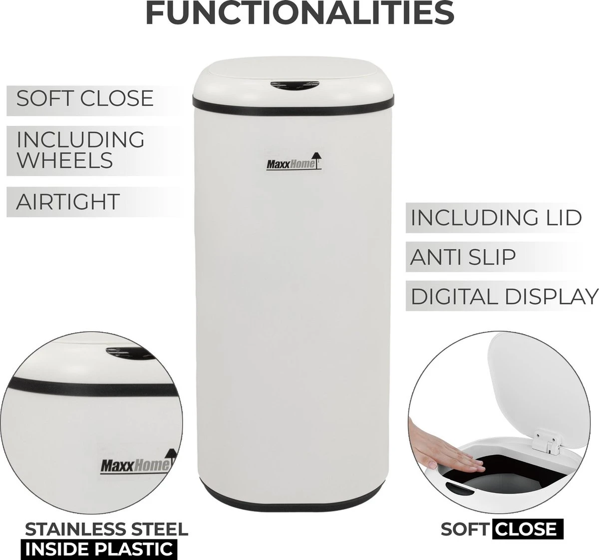 MaxxHome Prullenbak Met Sensor - 30L - Soft Close Deksel - RVS - Design Afvalemmer - Hygiënisch - Vingerafdruk Bestendig - Vuilnisbak Met Elektrische Deksel - Sensor Prullenbak - 30 Liter Vuilbak - 29 X 29 X 61,5 5 MaxxHome Prullenbak Met Sensor - 30L - Soft Close Deksel - RVS - Design Afvalemmer - Hygiënisch - Vingerafdruk Bestendig - Vuilnisbak Met Elektrische Deksel - Sensor Prullenbak - 30 Liter Vuilbak - 29 X 29 X 61,5 - Afbeelding 5