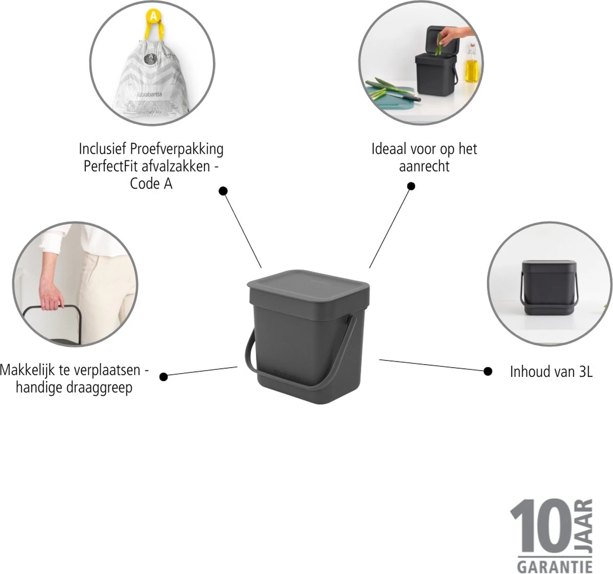 Brabantia Sort & Go Afvalbakje Aanrecht - 3 L - Dark Grey 2 Brabantia Sort & Go Afvalbakje Aanrecht - 3 L - Dark Grey - Afbeelding 2