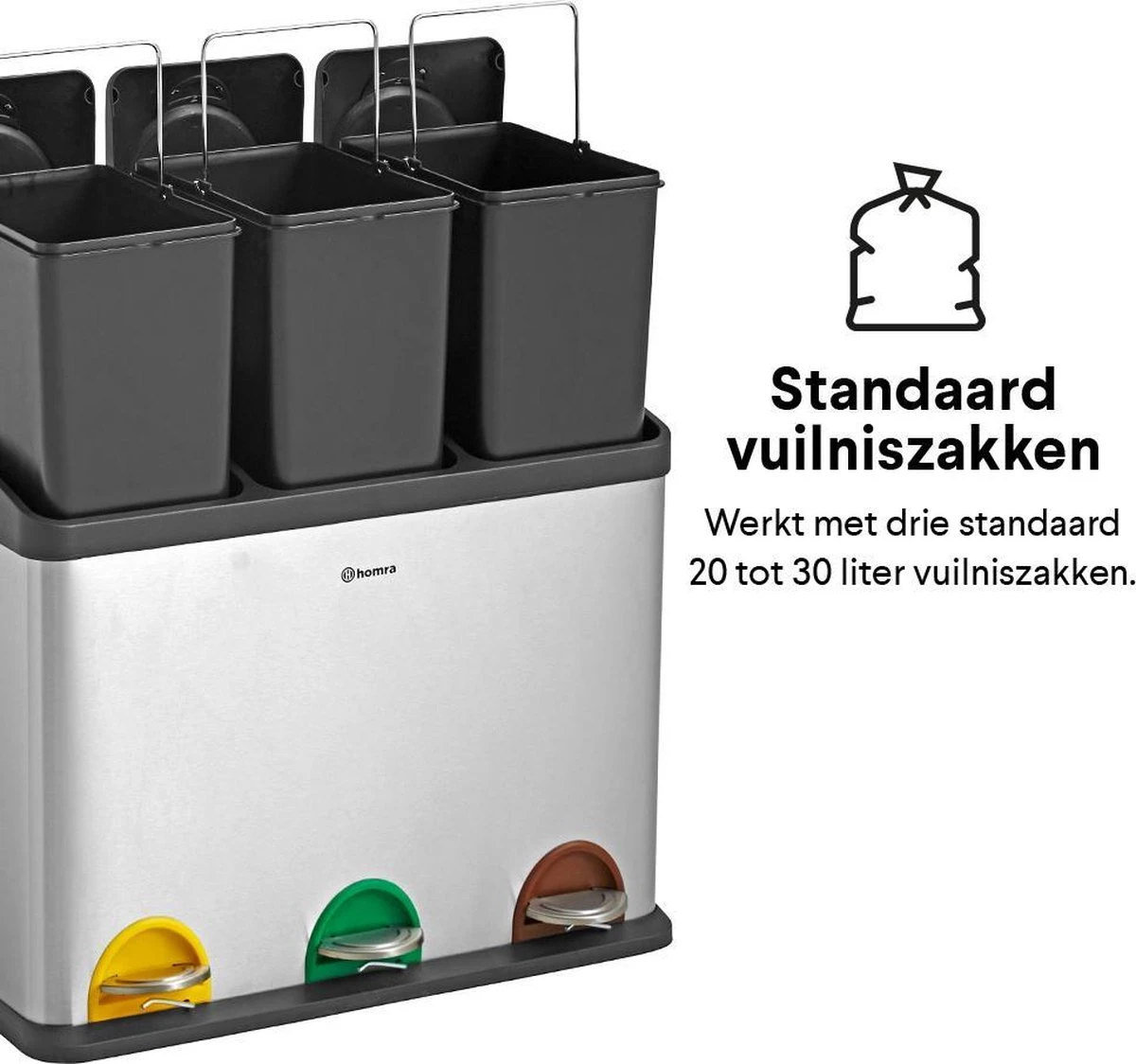 Homra STEPHS Afvalscheiding Prullenbak Met 3 Vakken - 3 X 15L Inhoud - Trio Pedaalemmer - 45 Liter - Vingerafdrukvrij - Vuilafstotend - Anti-slip - Hoogwaardig RVS - Duurzaam ABS Kunststof - RVS - Hygiënisch Recyclen - Afvalscheidingsprullenbak 2 Homra STEPHS Afvalscheiding Prullenbak Met 3 Vakken - 3 X 15L Inhoud - Trio Pedaalemmer - 45 Liter - Vingerafdrukvrij - Vuilafstotend - Anti-slip - Hoogwaardig RVS - Duurzaam ABS Kunststof - RVS - Hygiënisch Recyclen - Afvalscheidingsprullenbak - Afbeelding 2