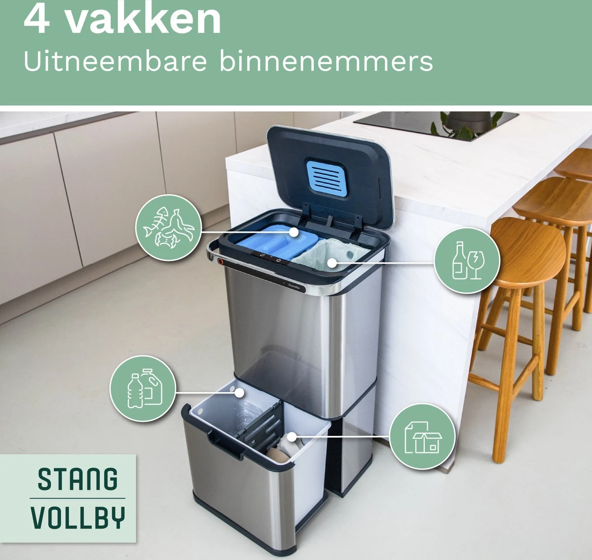 Prullenbak Met Sensor - 60 L - Afvalscheiding Vuilbak StangVollby Halden - RVS - 4 Vakken - Automatisch Lucht Filter - 60 Liter (2×18L + 2×12L) - Automatische Soft Close Deksel Met Infrarood Sensor - 4 Vaks Afvalemmer - Bacterie Filter - Design 2 Prullenbak Met Sensor - 60 L - Afvalscheiding Vuilbak StangVollby Halden - RVS - 4 Vakken - Automatisch Lucht Filter - 60 Liter (2×18L + 2×12L) - Automatische Soft Close Deksel Met Infrarood Sensor - 4 Vaks Afvalemmer - Bacterie Filter - Design - Afbeelding 2