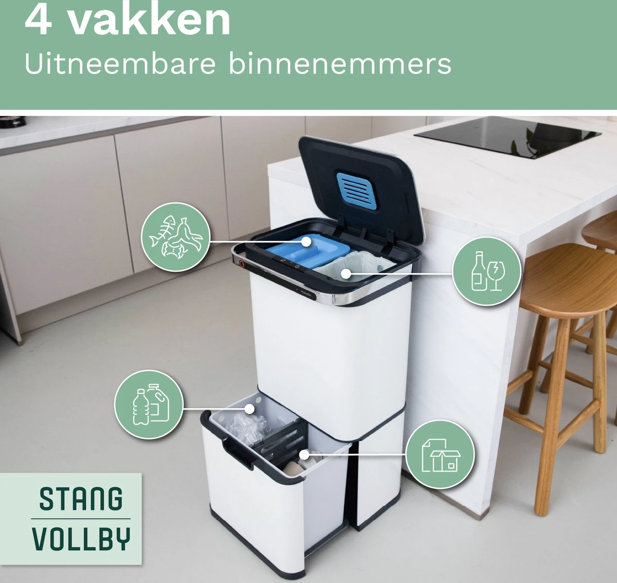 Prullenbak Met Sensor - 60 L - Afvalscheiding Vuilbak StangVollby Halden - RVS - 4 Vakken - Automatisch Lucht Filter - 60 Liter (2×18L + 2×12L) - Automatische Soft Close Deksel Met Infrarood Sensor - 4 Vaks Afvalemmer - Bacterie Filter - Wit 2 Prullenbak Met Sensor - 60 L - Afvalscheiding Vuilbak StangVollby Halden - RVS - 4 Vakken - Automatisch Lucht Filter - 60 Liter (2×18L + 2×12L) - Automatische Soft Close Deksel Met Infrarood Sensor - 4 Vaks Afvalemmer - Bacterie Filter - Wit - Afbeelding 2