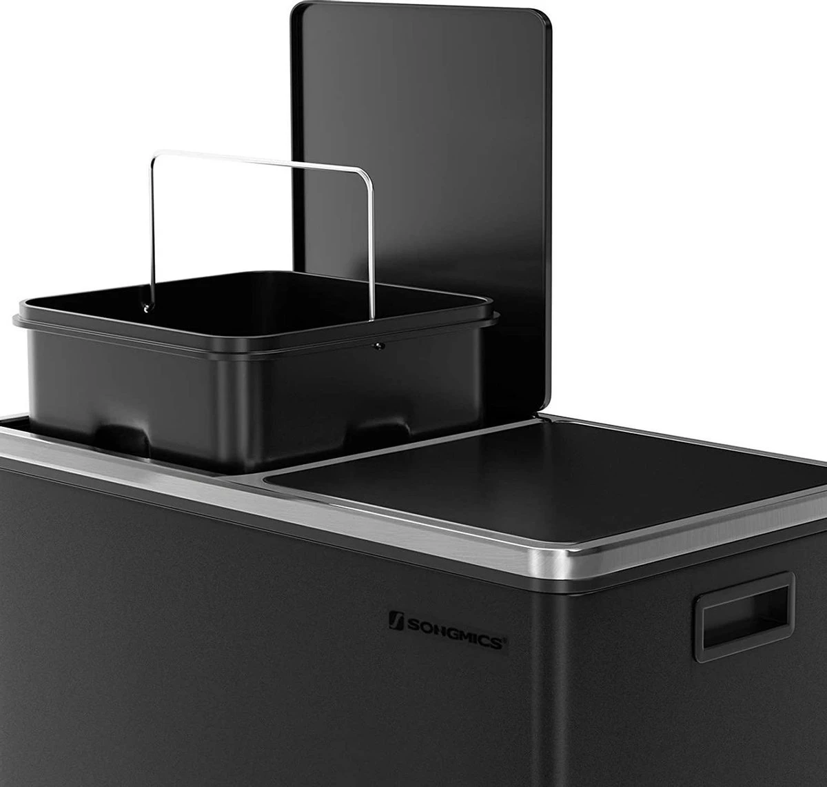 SONGMICS Dubbele Rubbish Bin, 2 X 30L Vuilnisbak, Metalen Trappenbak, Met Dubbele Vakken, Kunststof Binnenemmers En Scharnierende Deksels, Handgrepen, Zachte Sluiting, Luchtdicht, Zwart 5 SONGMICS Dubbele Rubbish Bin, 2 X 30L Vuilnisbak, Metalen Trappenbak, Met Dubbele Vakken, Kunststof Binnenemmers En Scharnierende Deksels, Handgrepen, Zachte Sluiting, Luchtdicht, Zwart - Afbeelding 5