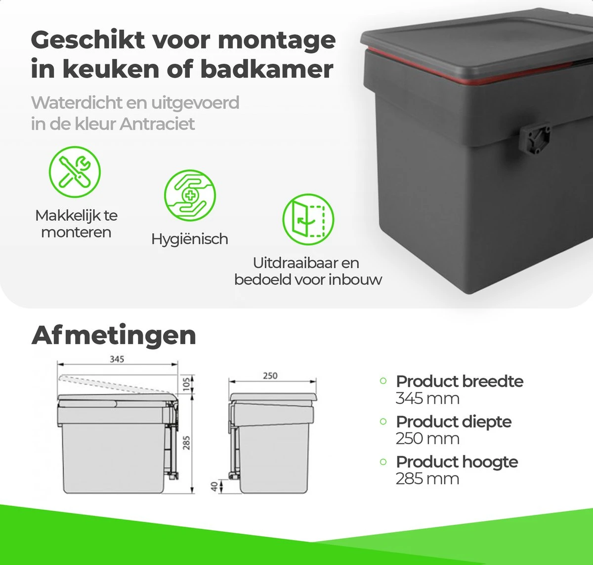 Eleganca Afvalbak 15 Liter – Inbouw Prullenbak – Inbouw Afvalemmer – Uittrekbare Prullenbak – Afvalemmer Keuken – Antraciet – Hygiënisch – Ruimtebesparend Vuilnisbak – B34.5xD25xH28,5cm 2 Eleganca Afvalbak 15 Liter – Inbouw Prullenbak – Inbouw Afvalemmer – Uittrekbare Prullenbak – Afvalemmer Keuken – Antraciet – Hygiënisch – Ruimtebesparend Vuilnisbak – B34.5xD25xH28,5cm - Afbeelding 2