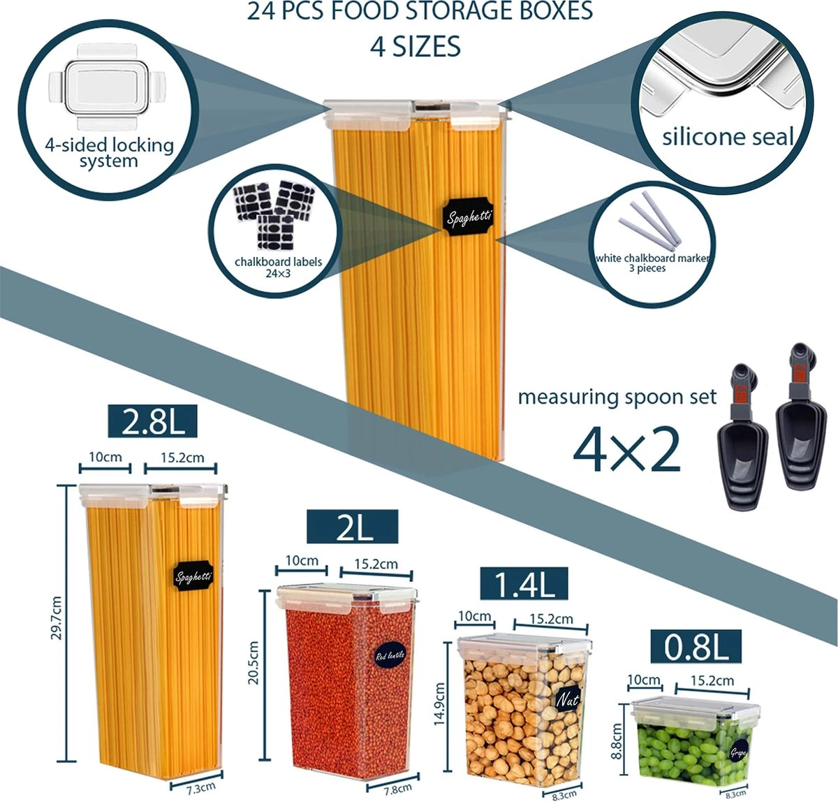 Empyrea Set Van 24 Luchtdichte Vershouddozen, Voorraad Bussen Opslag En Organisatie, Keuken En Voedselcontainer, Voorraadpotten Van Kunststof, BPA-vrij, 72 Etiketten, 3 Markers En 8 Lepels Meegeleverd | Keuken Organizer Voorraadcontainers 2 Empyrea Set Van 24 Luchtdichte Vershouddozen, Voorraad Bussen Opslag En Organisatie, Keuken En Voedselcontainer, Voorraadpotten Van Kunststof, BPA-vrij, 72 Etiketten, 3 Markers En 8 Lepels Meegeleverd | Keuken Organizer Voorraadcontainers - Afbeelding 2