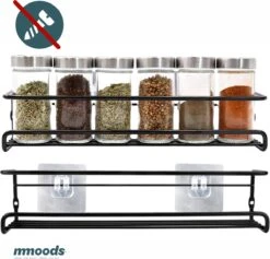 Mmoods Kruidenrek Ophangbaar Zonder Boren - 2 Laags Voor 16 Kruidenpotjes - Speciaal Voor Muur, Wandkast, Kastdeur - Hangende Kruidenorganizer Keuken - Keukenaccessoires